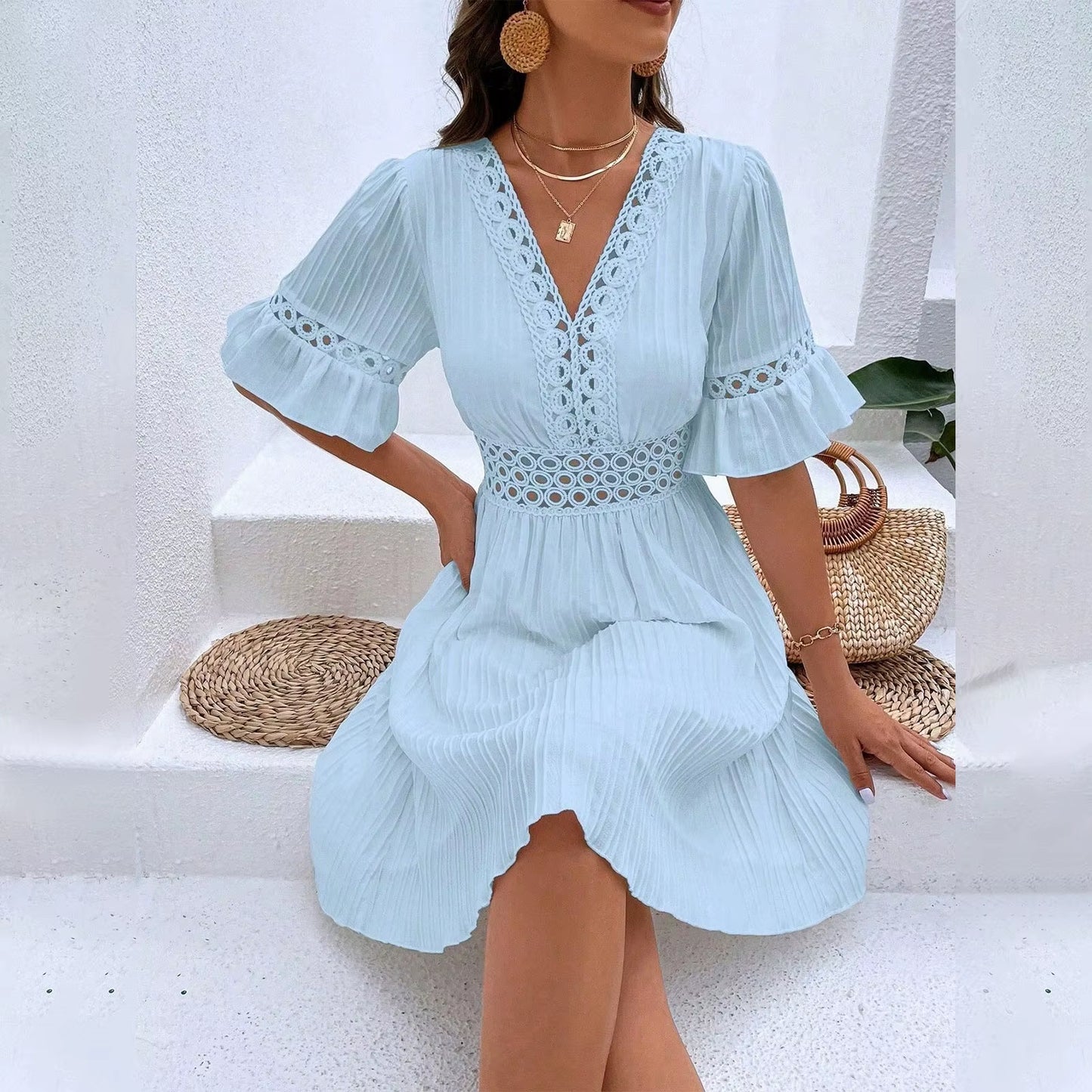Women Sexy V Neck Flying Sleeve Mini Dress Summer Hollow Embroidery Lace Patchwork Party Dress Casual Loose Beach A-Line Dress
